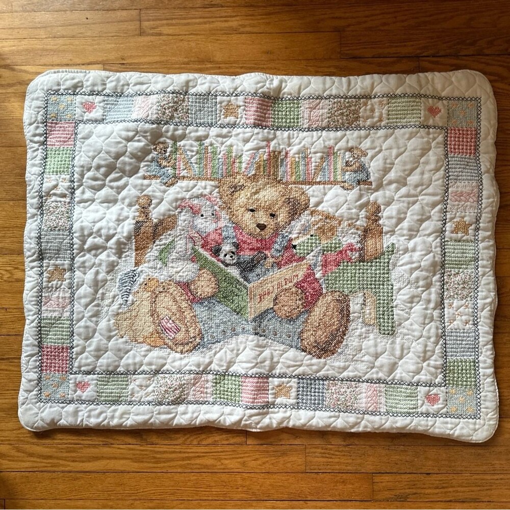 Vintage Bucilla "Blue Jean Teddy" Baby Blanket Quilt Nursery Cottagecore
